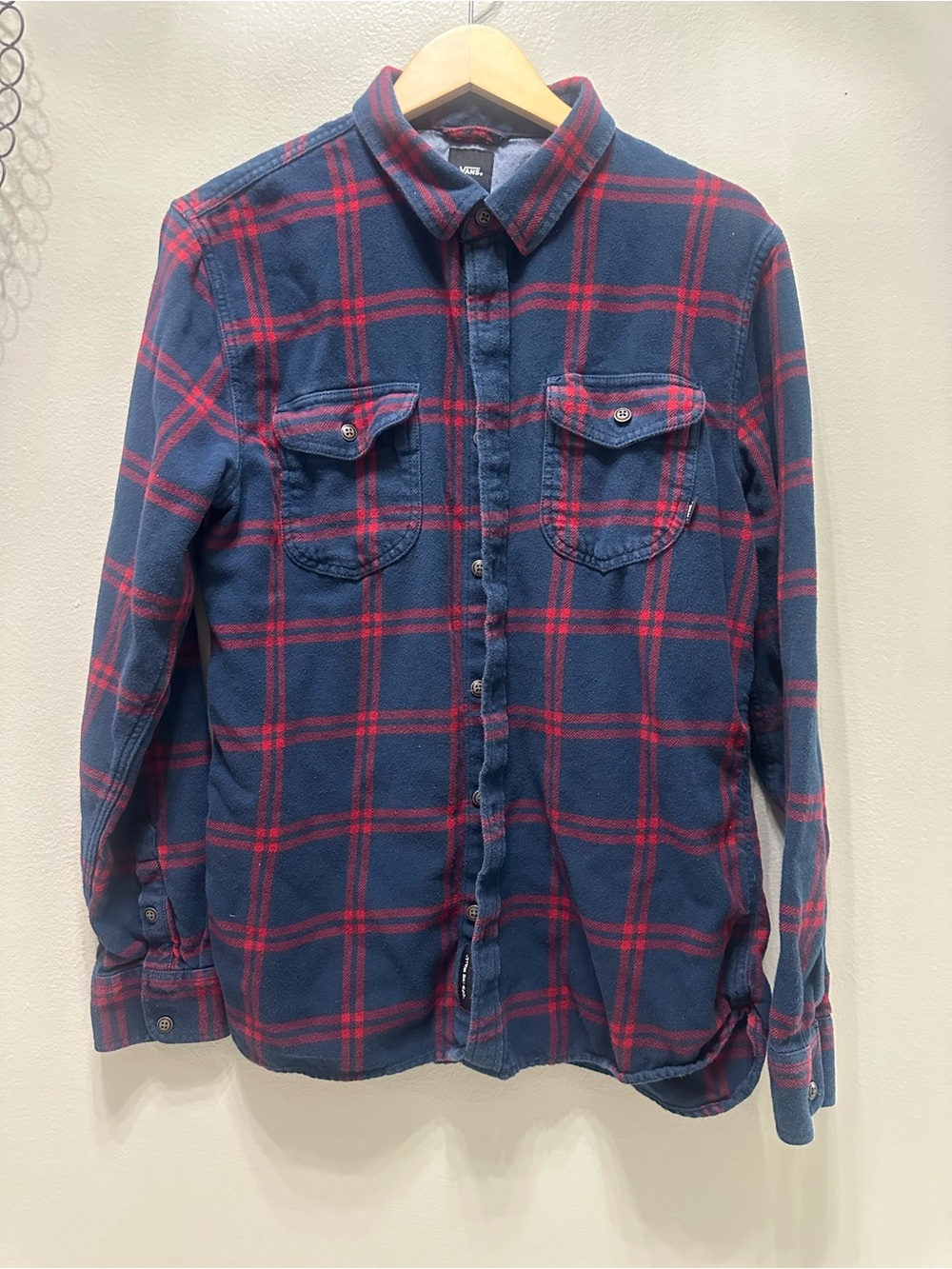 Vans Men's Navy and Red Plaid Button-Down Shirt